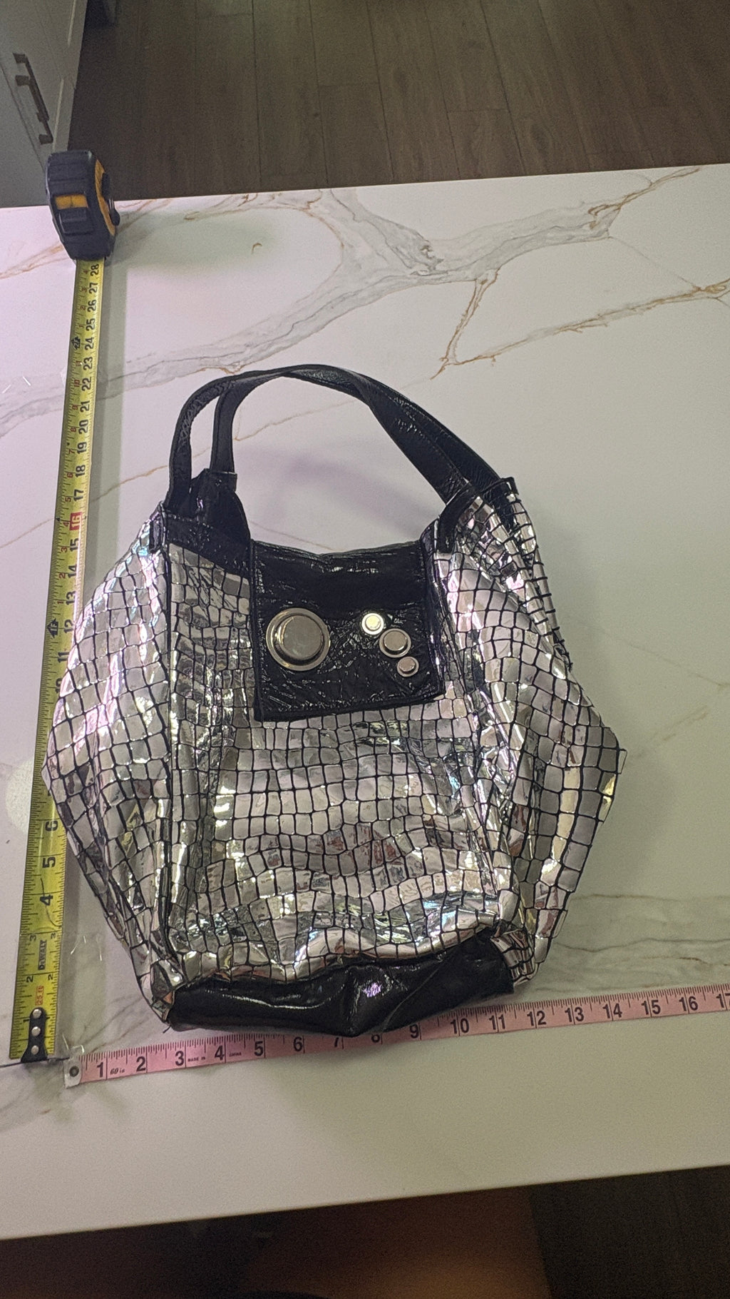 NEW GUSTTO Silver Metallic Croc Embossed Leather Hobo Bag with Black Patent Trim