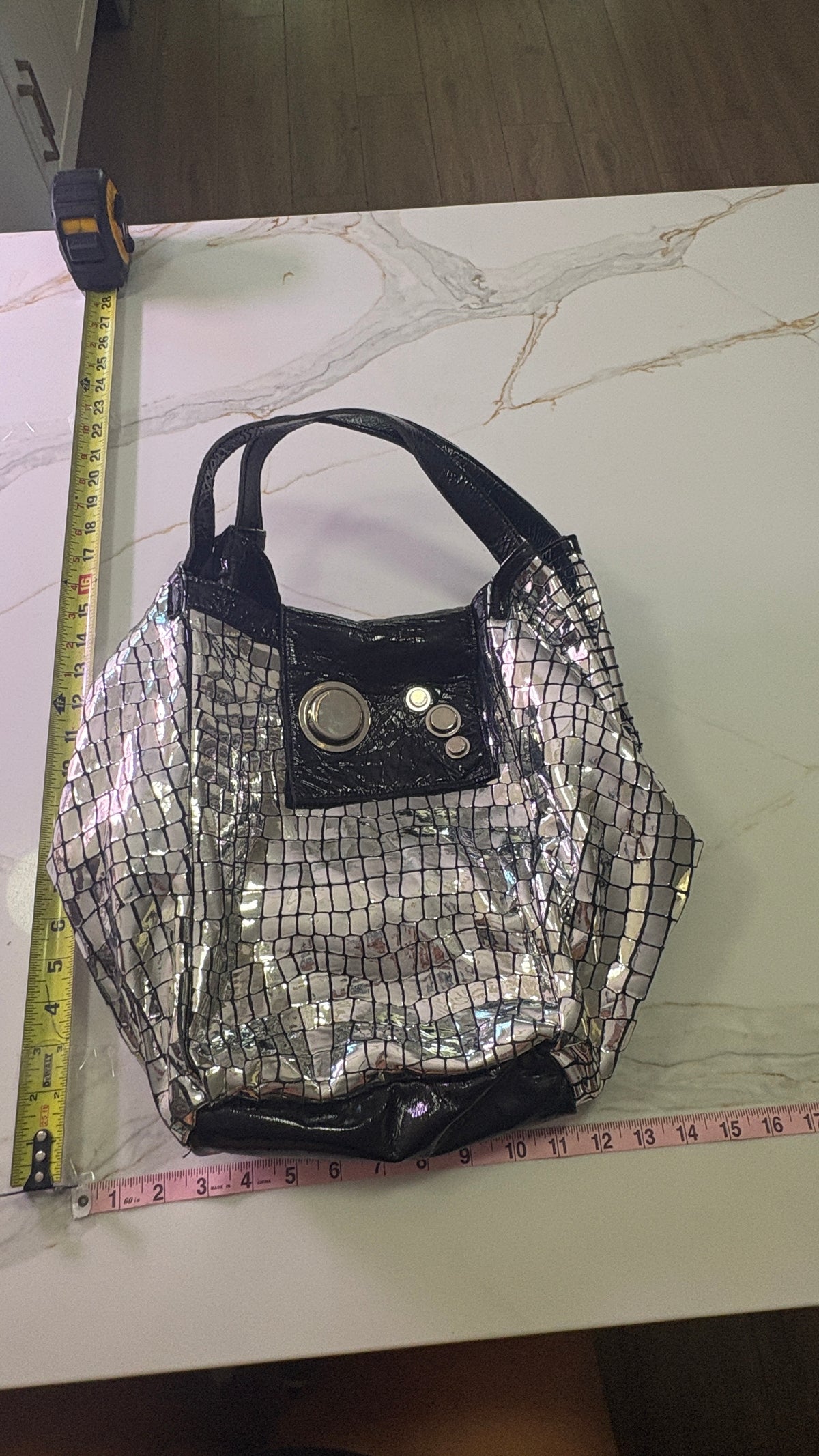 NEW GUSTTO Silver Metallic Croc Embossed Leather Hobo Bag with Black Patent Trim