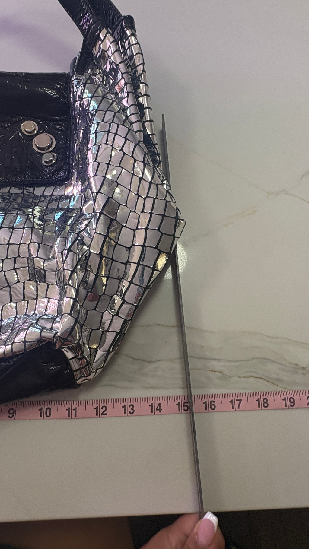 NEW GUSTTO Silver Metallic Croc Embossed Leather Hobo Bag with Black Patent Trim