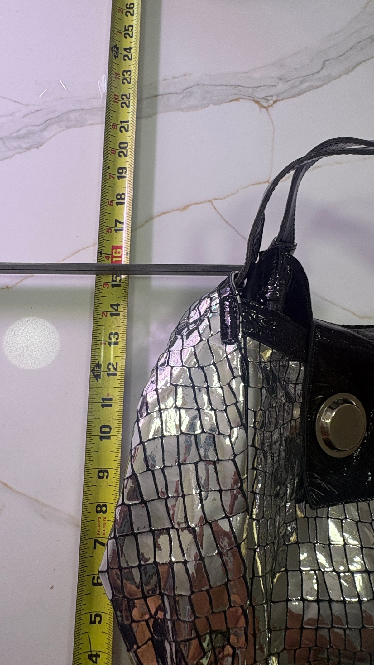 NEW GUSTTO Silver Metallic Croc Embossed Leather Hobo Bag with Black Patent Trim