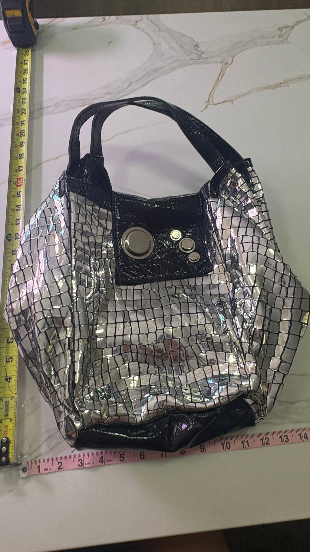 NEW GUSTTO Silver Metallic Croc Embossed Leather Hobo Bag with Black Patent Trim