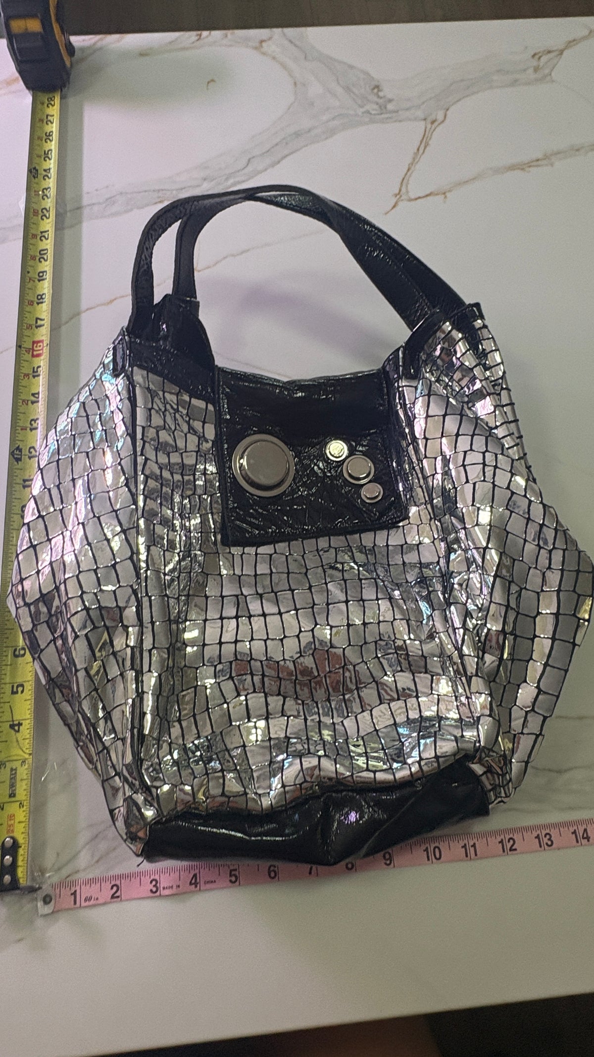 NEW GUSTTO Silver Metallic Croc Embossed Leather Hobo Bag with Black Patent Trim