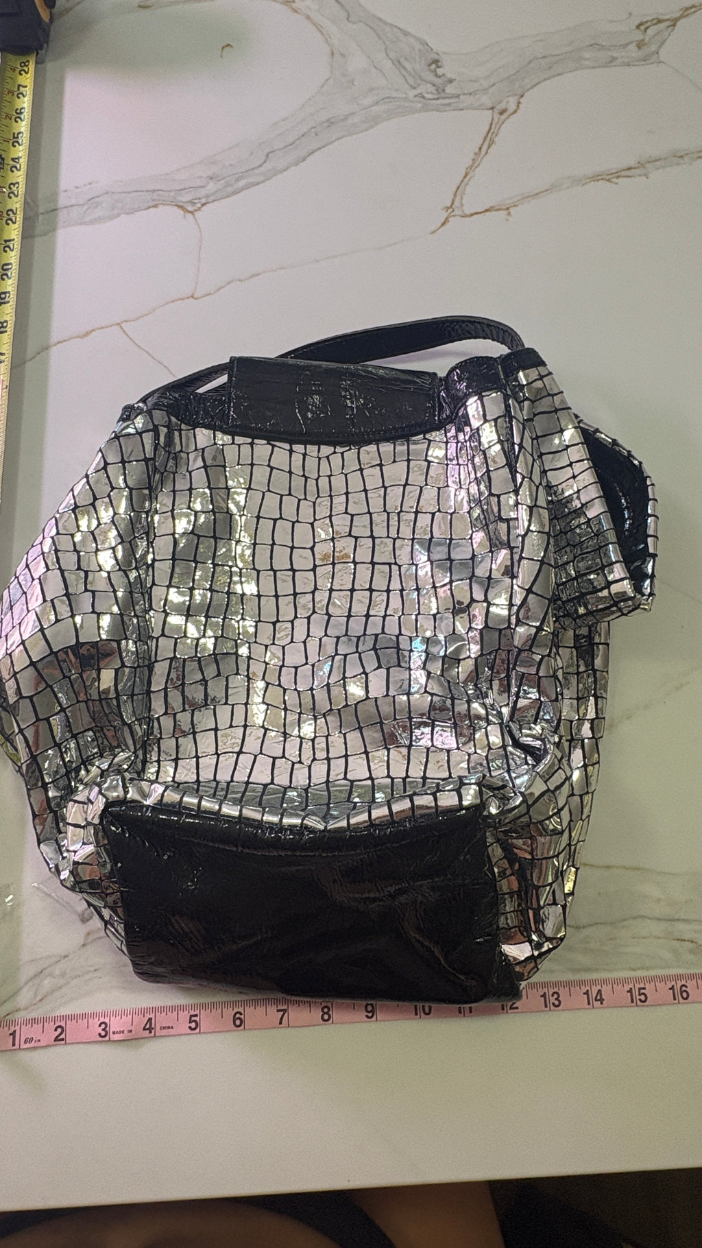 NEW GUSTTO Silver Metallic Croc Embossed Leather Hobo Bag with Black Patent Trim