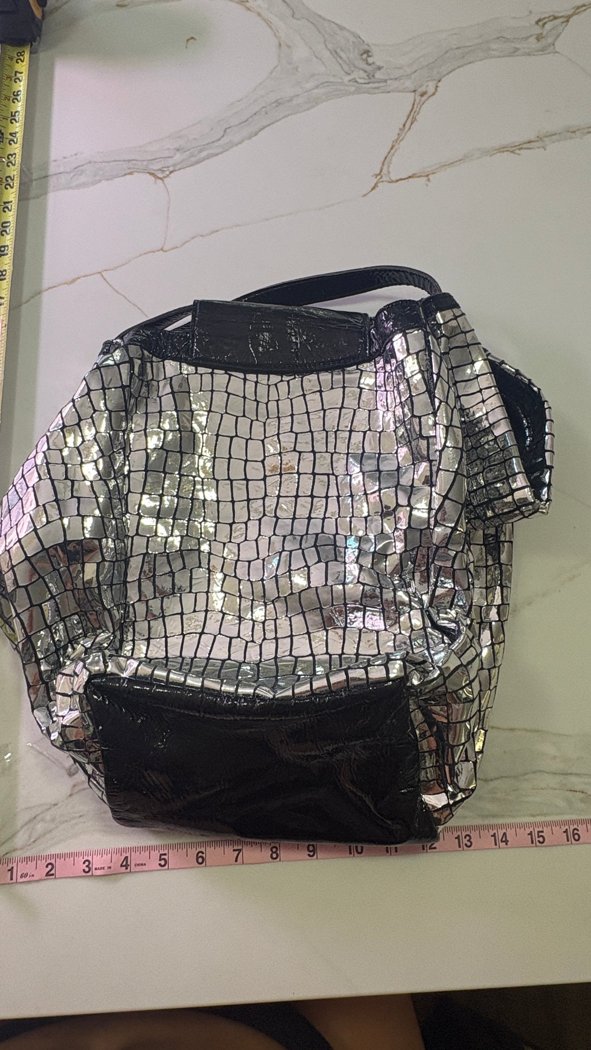 NEW GUSTTO Silver Metallic Croc Embossed Leather Hobo Bag with Black Patent Trim