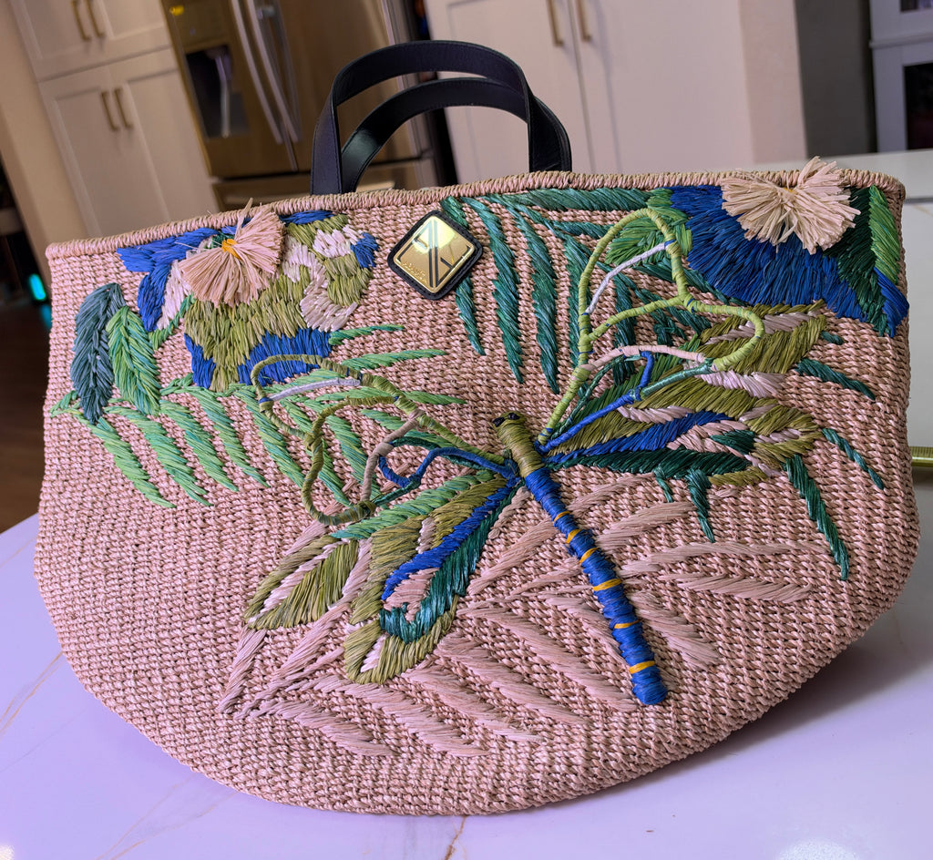 New ARANÁZ Dragonfly Embroidered Straw Tote Bag with Botanical Accents