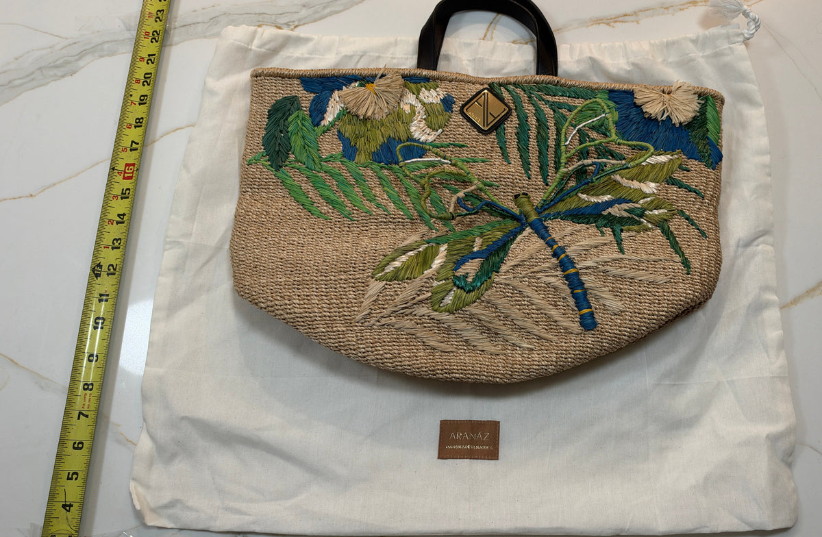 New ARANÁZ Dragonfly Embroidered Straw Tote Bag with Botanical Accents