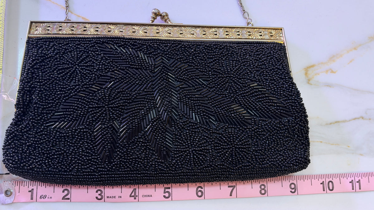 Vintage Jet Black Hand Beaded Floral Evening Clutch – Gold Kiss-Lock Shoulder Purse