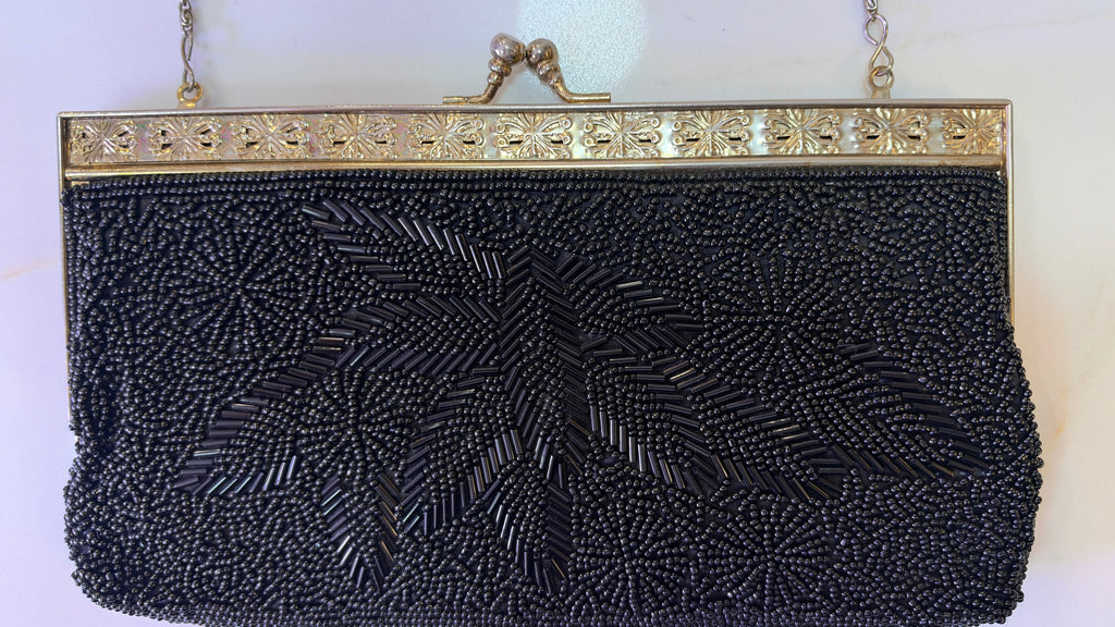 Vintage Jet Black Hand Beaded Floral Evening Clutch – Gold Kiss-Lock Shoulder Purse