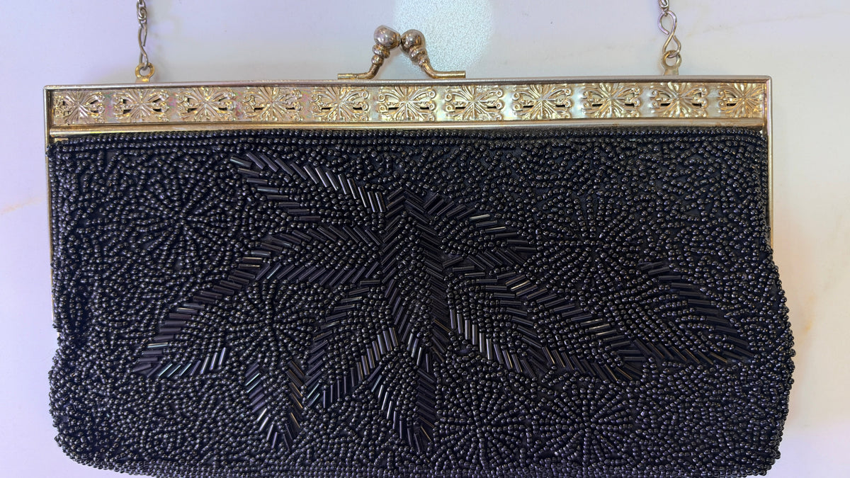 Vintage Jet Black Hand Beaded Floral Evening Clutch – Gold Kiss-Lock Shoulder Purse