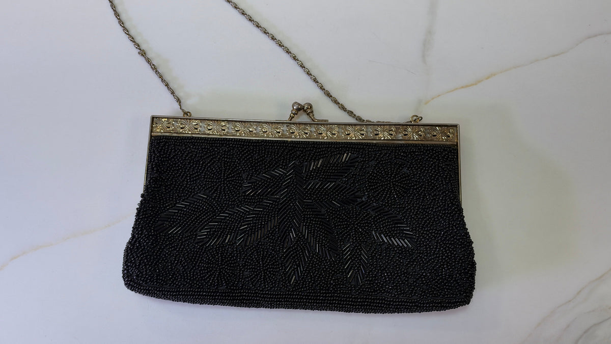 Vintage Jet Black Hand Beaded Floral Evening Clutch – Gold Kiss-Lock Shoulder Purse