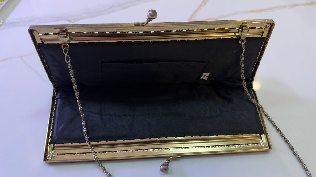 Vintage Jet Black Hand Beaded Floral Evening Clutch – Gold Kiss-Lock Shoulder Purse