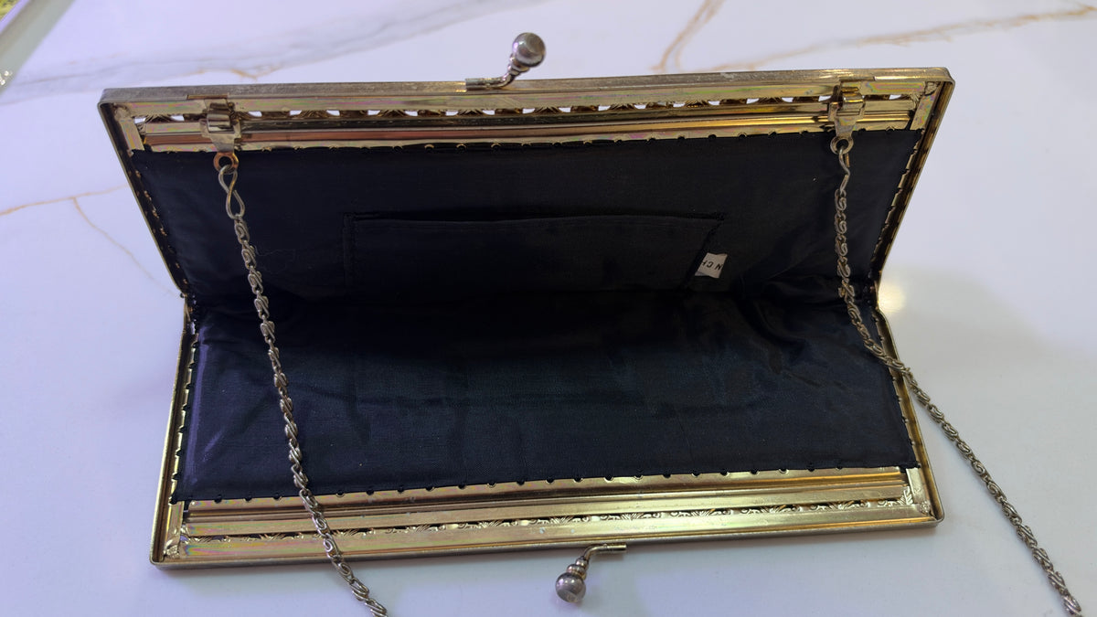 Vintage Jet Black Hand Beaded Floral Evening Clutch – Gold Kiss-Lock Shoulder Purse