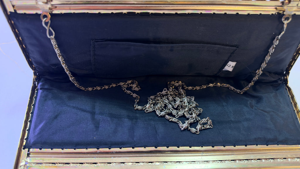 Vintage Jet Black Hand Beaded Floral Evening Clutch – Gold Kiss-Lock Shoulder Purse