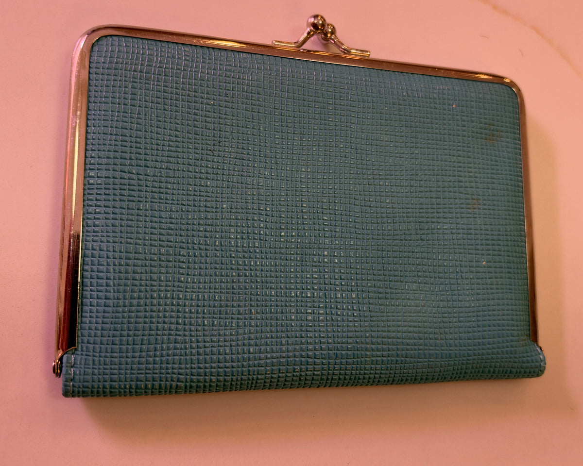 Mid-Century Tiffany Blue Faux Lizard Kiss-Lock Wallet & Photo Organizer