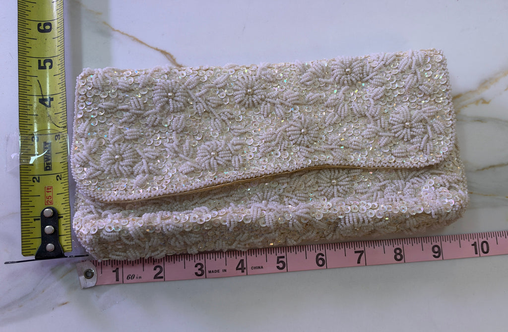 Hand Beaded White Sequin Floral Evening Clutch – Made in Hong Kong