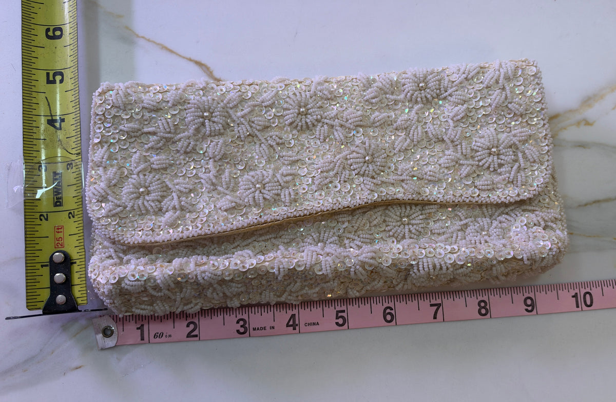 Hand Beaded White Sequin Floral Evening Clutch – Made in Hong Kong