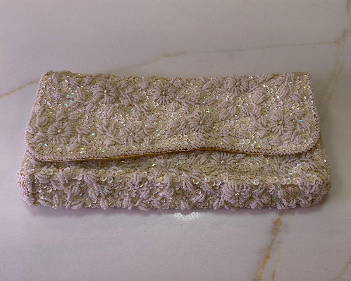 Hand Beaded White Sequin Floral Evening Clutch – Made in Hong Kong