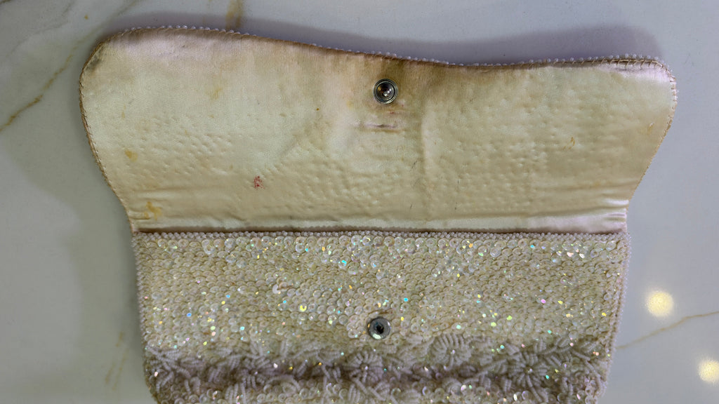 Hand Beaded White Sequin Floral Evening Clutch – Made in Hong Kong
