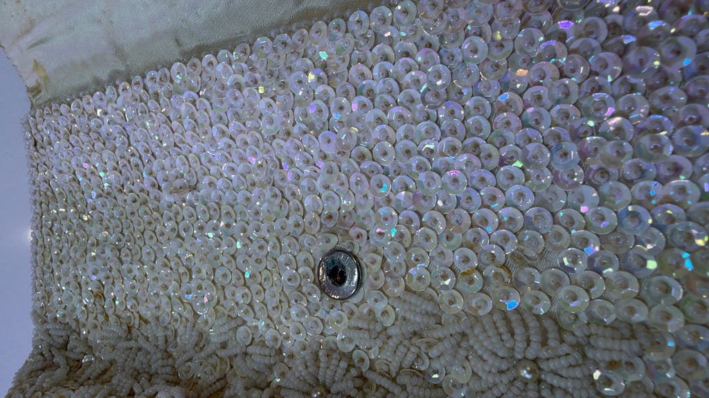 Hand Beaded White Sequin Floral Evening Clutch – Made in Hong Kong