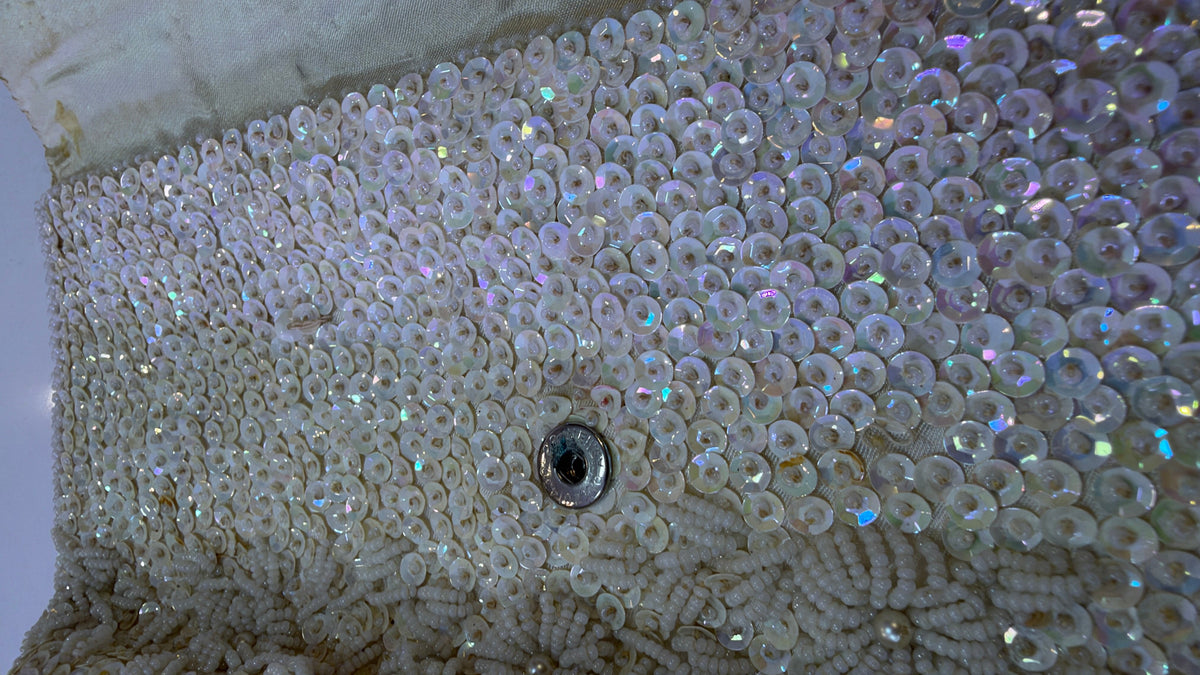 Hand Beaded White Sequin Floral Evening Clutch – Made in Hong Kong
