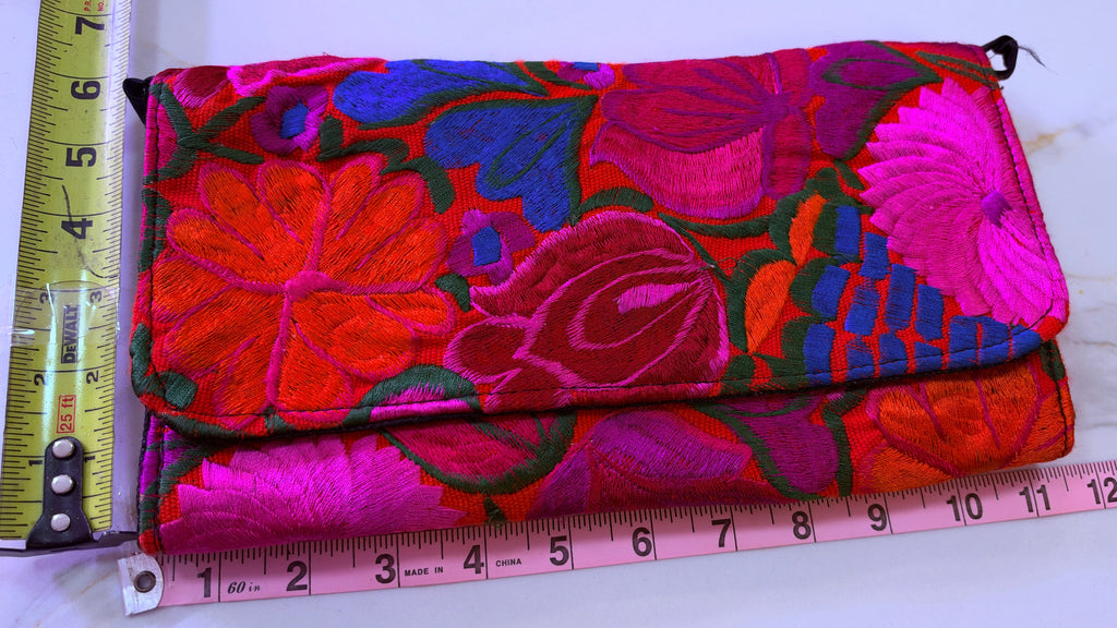 Handmade New Mexican Floral Hand Embroidered Crossbody Clutch Bag – Magenta & Red