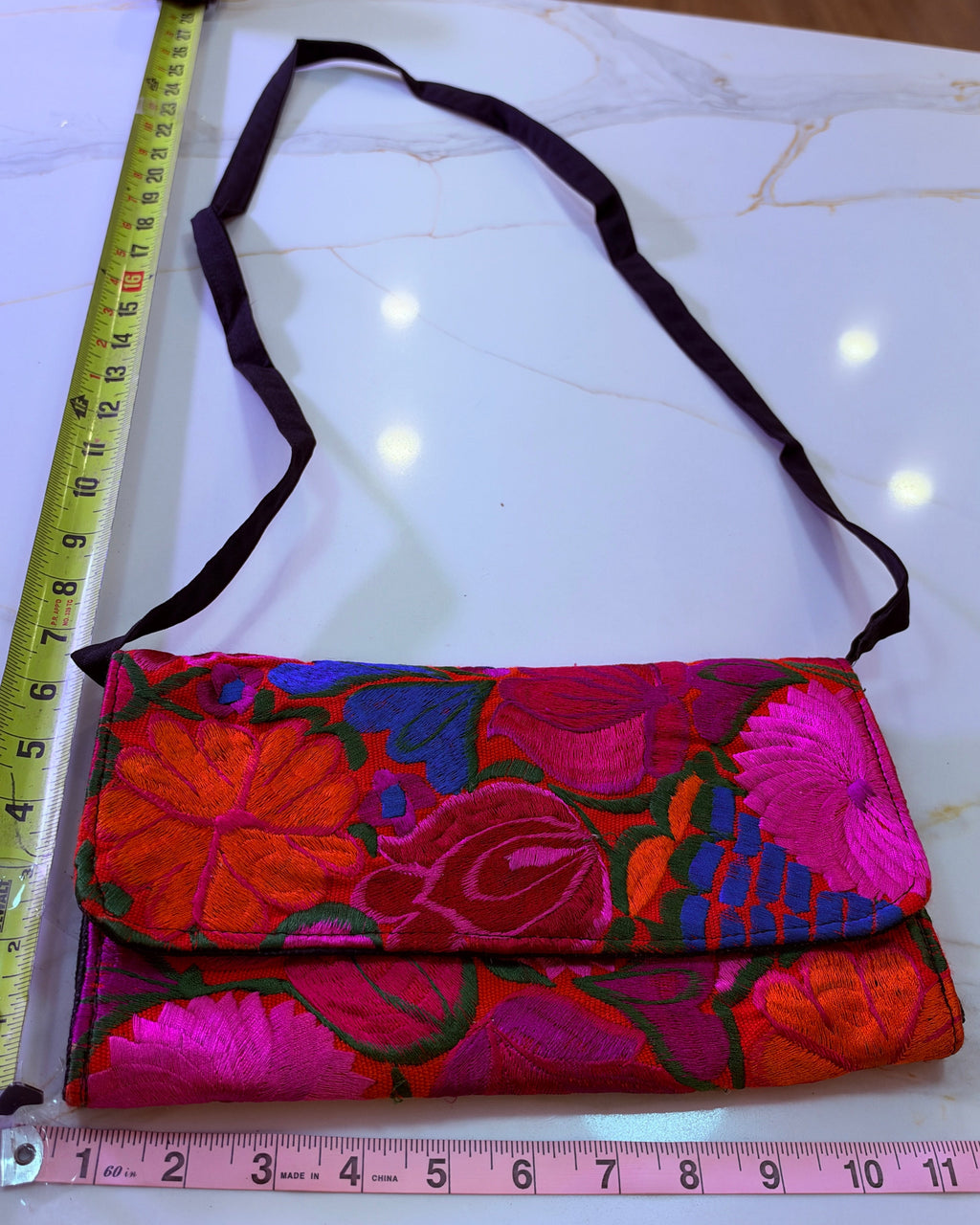 Handmade New Mexican Floral Hand Embroidered Crossbody Clutch Bag – Magenta & Red