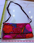 Handmade New Mexican Floral Hand Embroidered Crossbody Clutch Bag – Magenta & Red