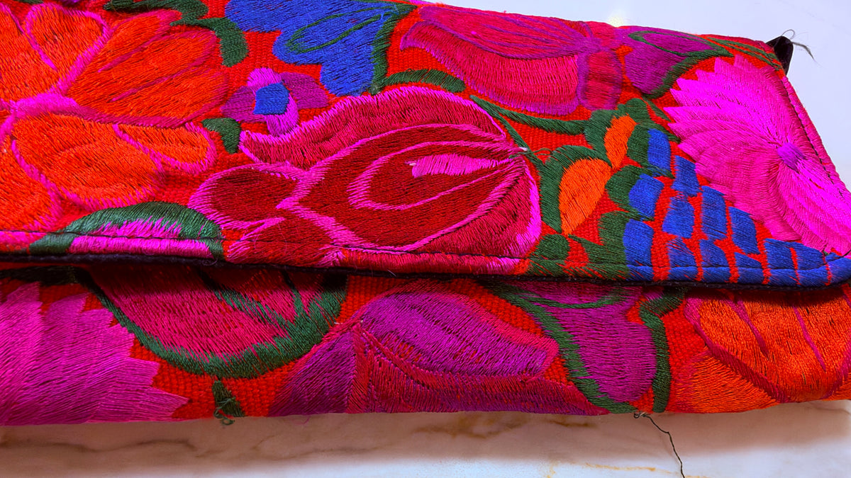 Handmade New Mexican Floral Hand Embroidered Crossbody Clutch Bag – Magenta & Red