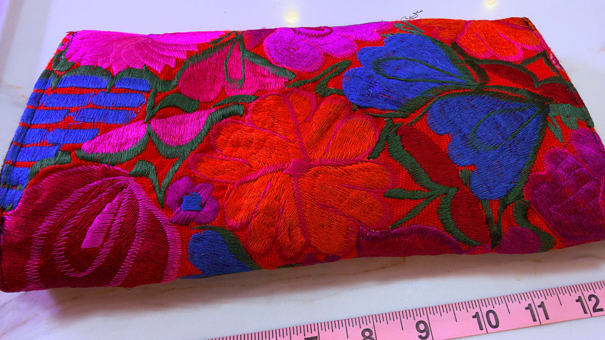 Handmade New Mexican Floral Hand Embroidered Crossbody Clutch Bag – Magenta & Red