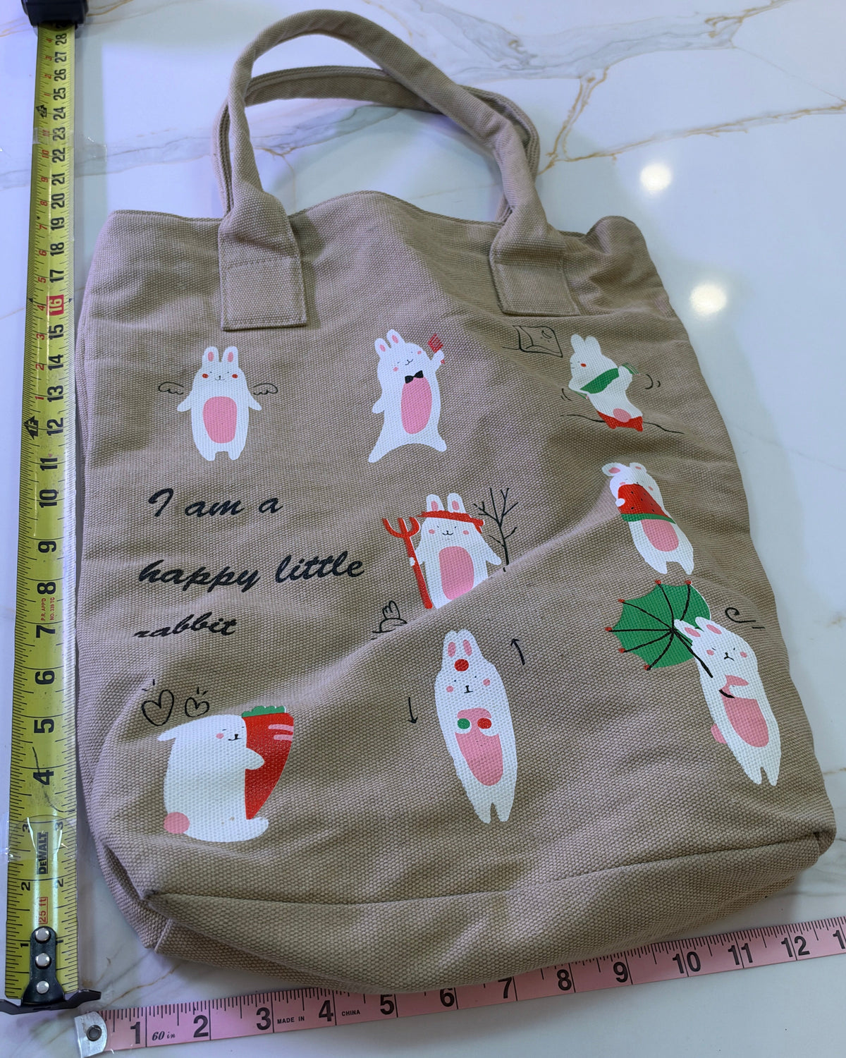 New Kawaii "I Am A Happy Little Rabbit" Canvas Bunny Tote Bag – Khaki Brown Multi-Graphic Shoulder Purse