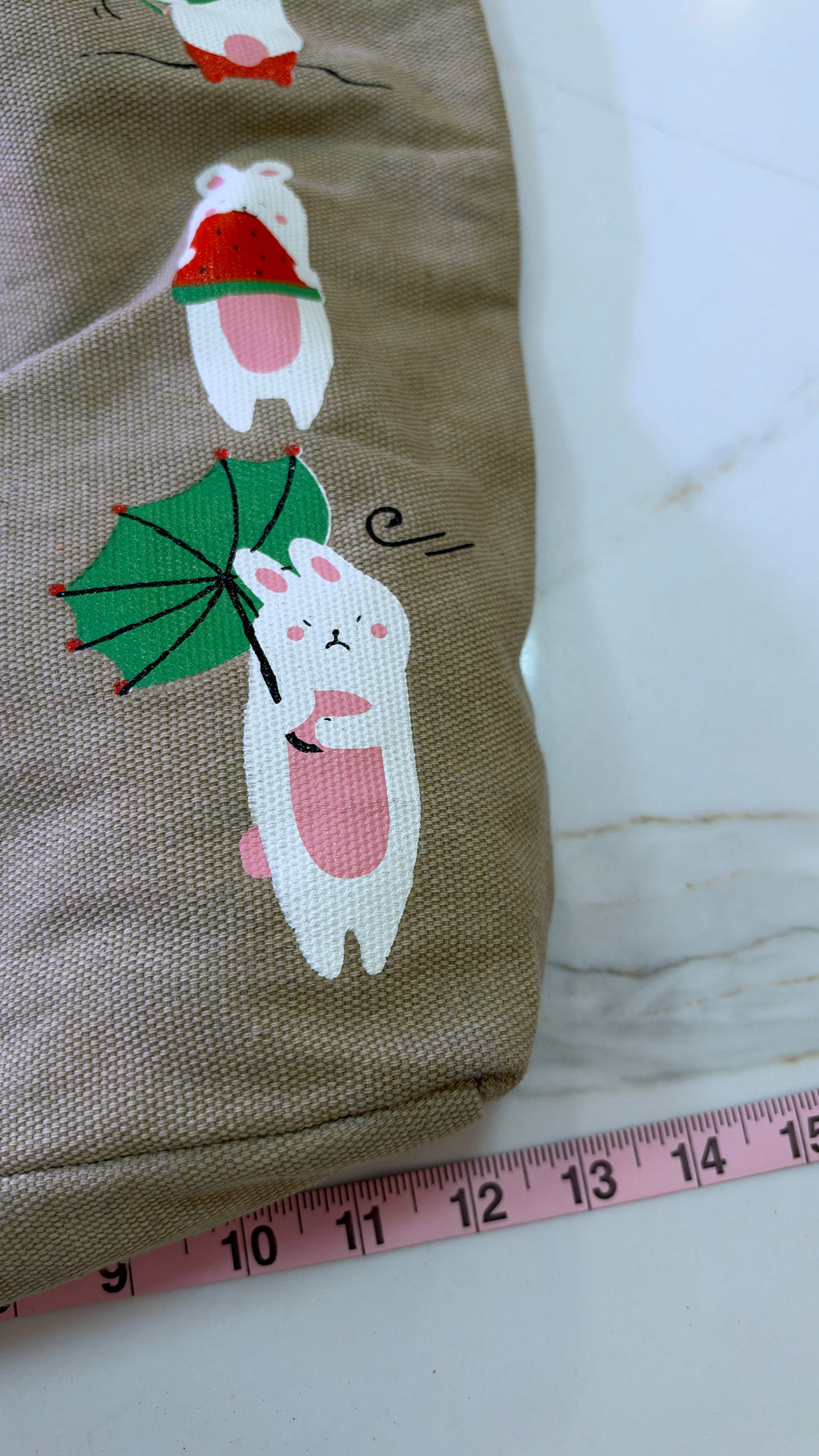 New Kawaii "I Am A Happy Little Rabbit" Canvas Bunny Tote Bag – Khaki Brown Multi-Graphic Shoulder Purse