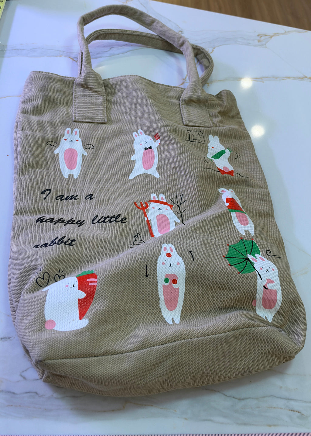 New Kawaii "I Am A Happy Little Rabbit" Canvas Bunny Tote Bag – Khaki Brown Multi-Graphic Shoulder Purse