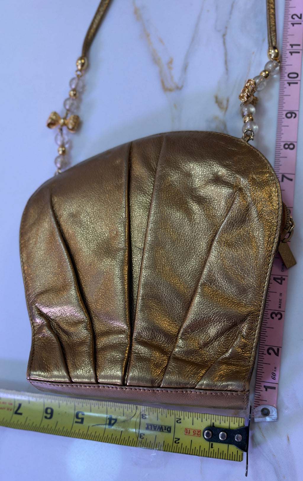 Vintage 1980’s RODO Italy Metallic Gold Ruched Leather Shell Crossbody Evening Bag | Beaded Shoulder Strap