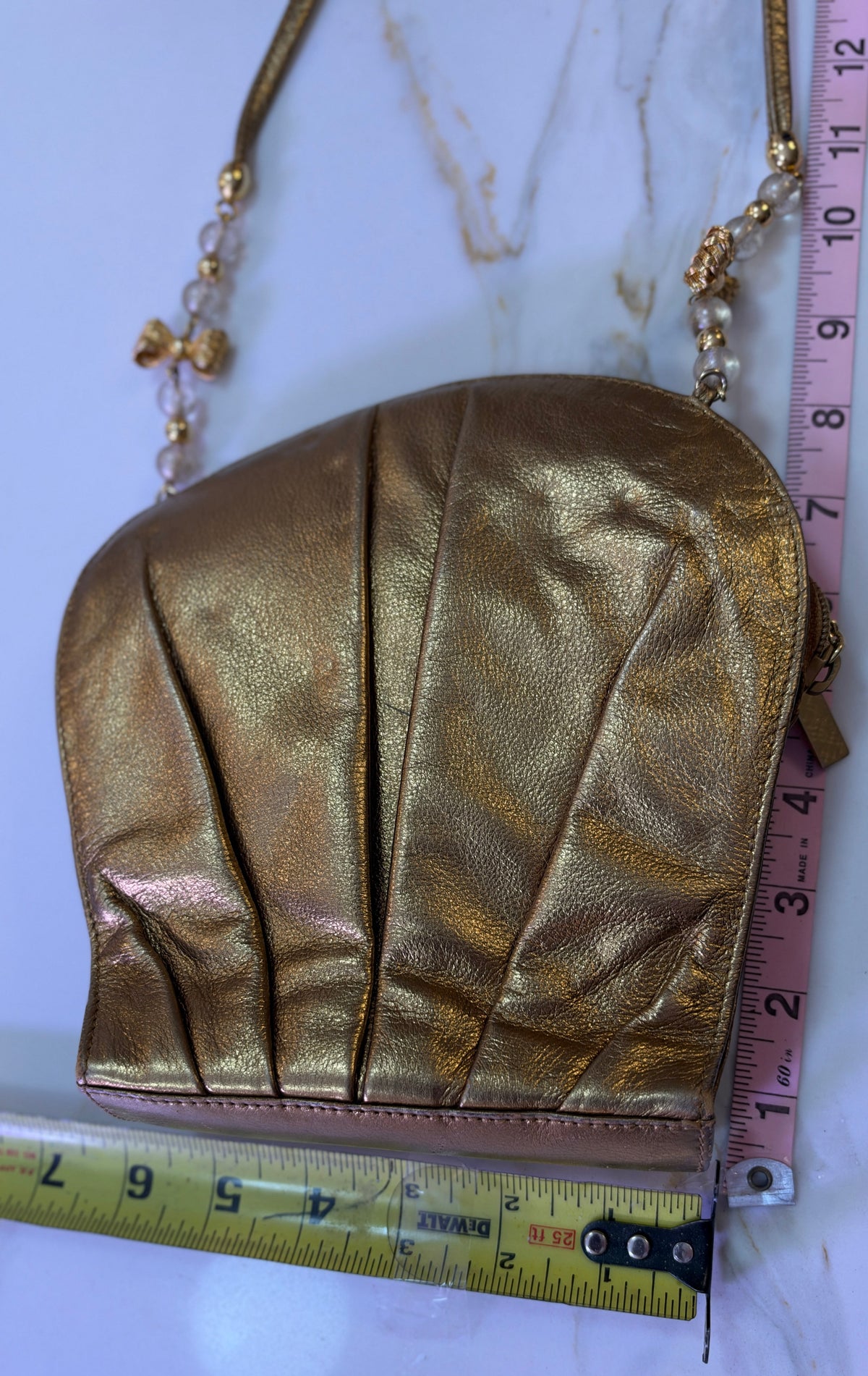 Vintage 1980’s RODO Italy Metallic Gold Ruched Leather Shell Crossbody Evening Bag | Beaded Shoulder Strap