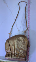 Vintage 1980’s RODO Italy Metallic Gold Ruched Leather Shell Crossbody Evening Bag | Beaded Shoulder Strap