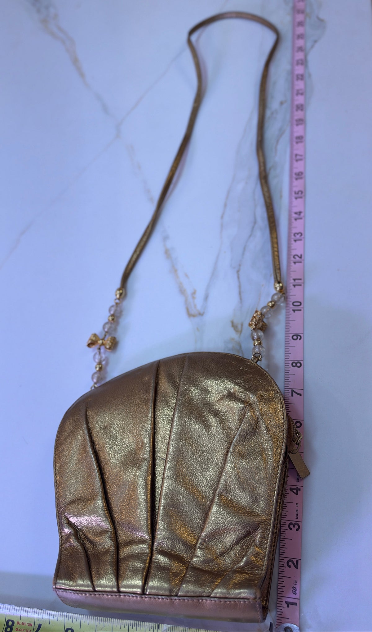 Vintage 1980’s RODO Italy Metallic Gold Ruched Leather Shell Crossbody Evening Bag | Beaded Shoulder Strap