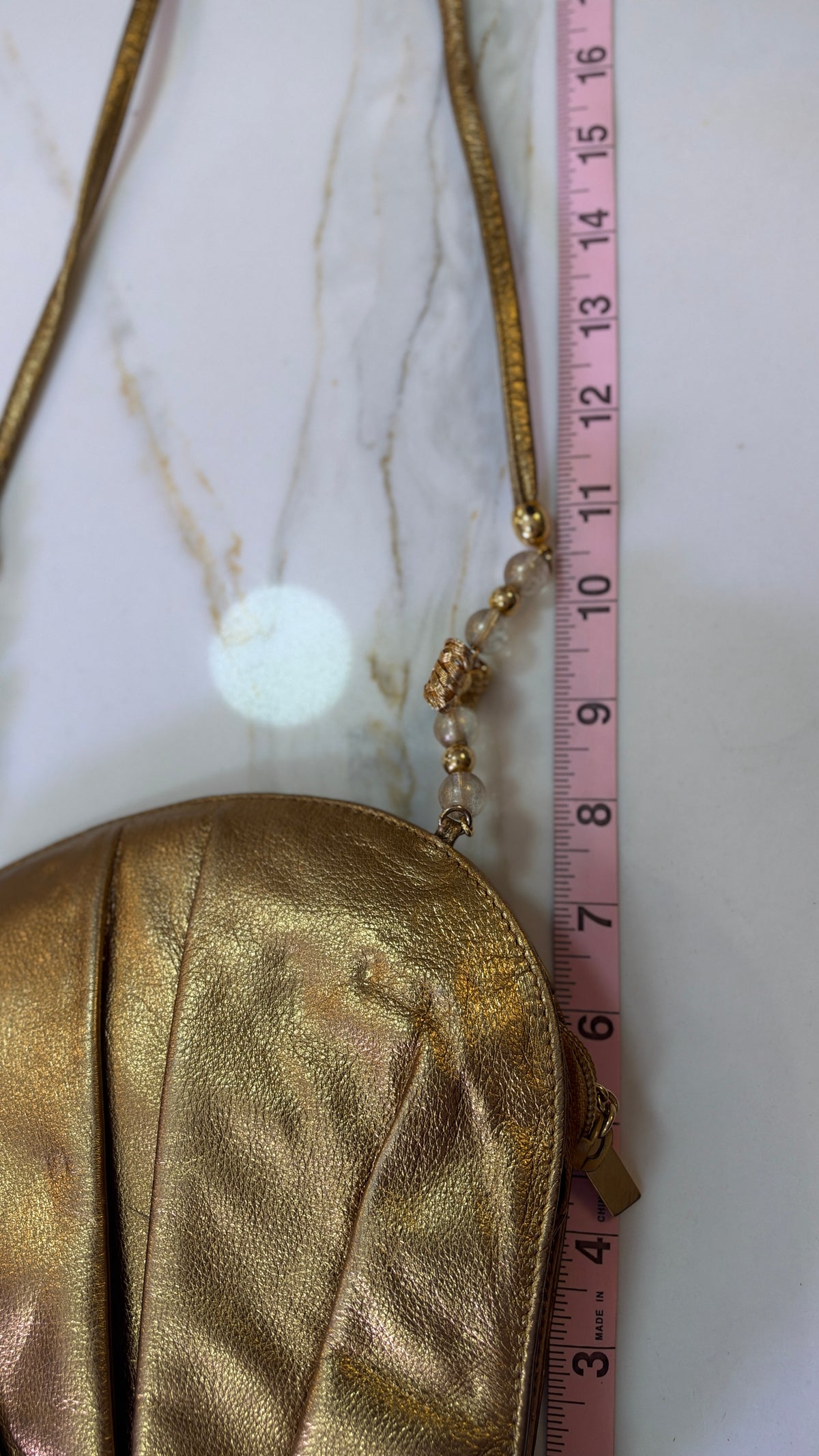 Vintage 1980’s RODO Italy Metallic Gold Ruched Leather Shell Crossbody Evening Bag | Beaded Shoulder Strap