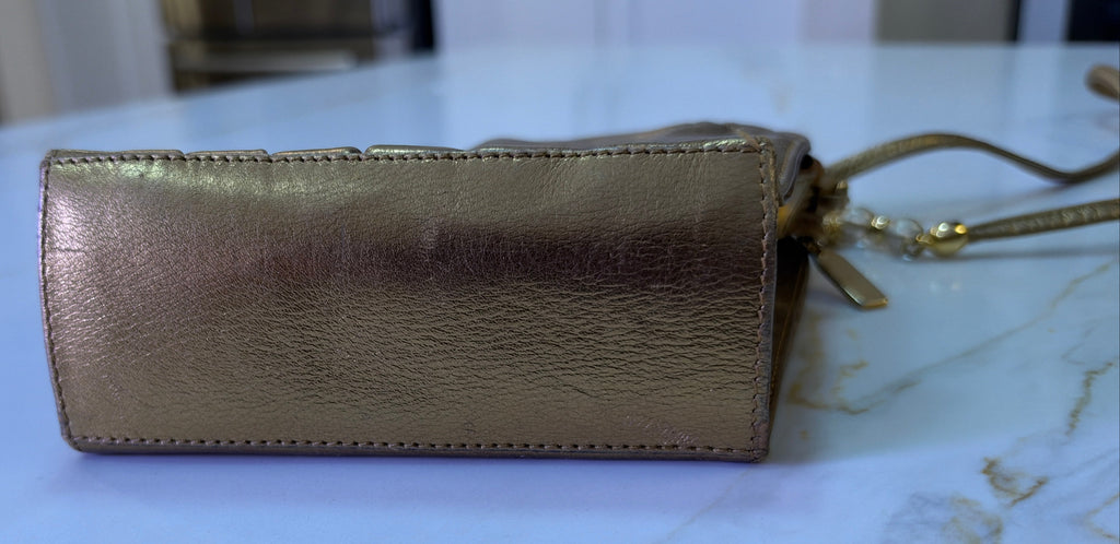 Vintage 1980’s RODO Italy Metallic Gold Ruched Leather Shell Crossbody Evening Bag | Beaded Shoulder Strap