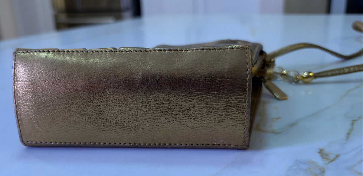 Vintage 1980’s RODO Italy Metallic Gold Ruched Leather Shell Crossbody Evening Bag | Beaded Shoulder Strap