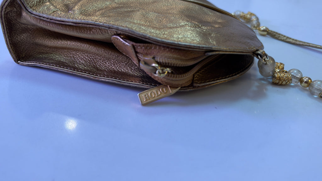 Vintage 1980’s RODO Italy Metallic Gold Ruched Leather Shell Crossbody Evening Bag | Beaded Shoulder Strap