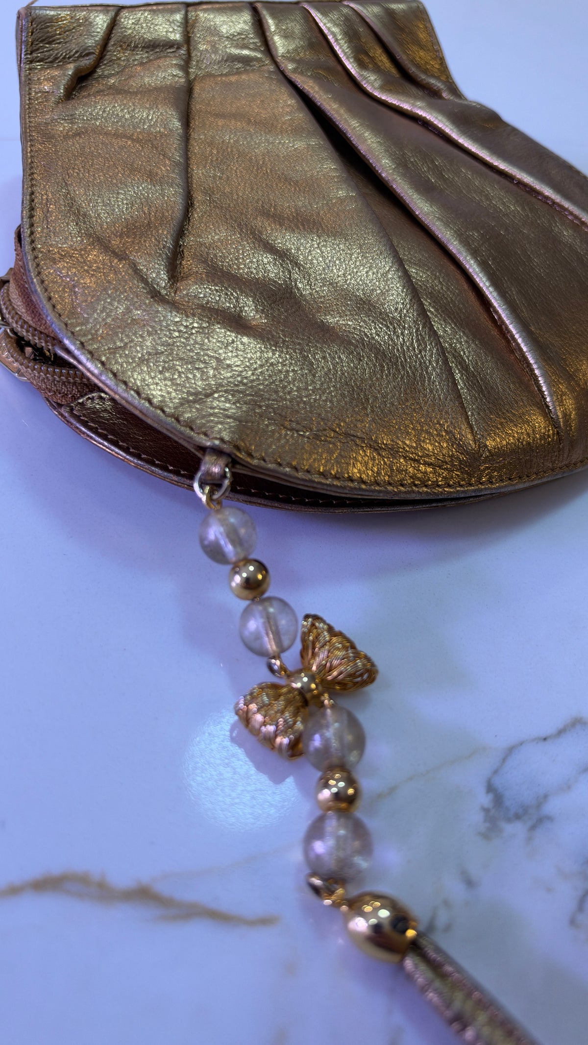 Vintage 1980’s RODO Italy Metallic Gold Ruched Leather Shell Crossbody Evening Bag | Beaded Shoulder Strap