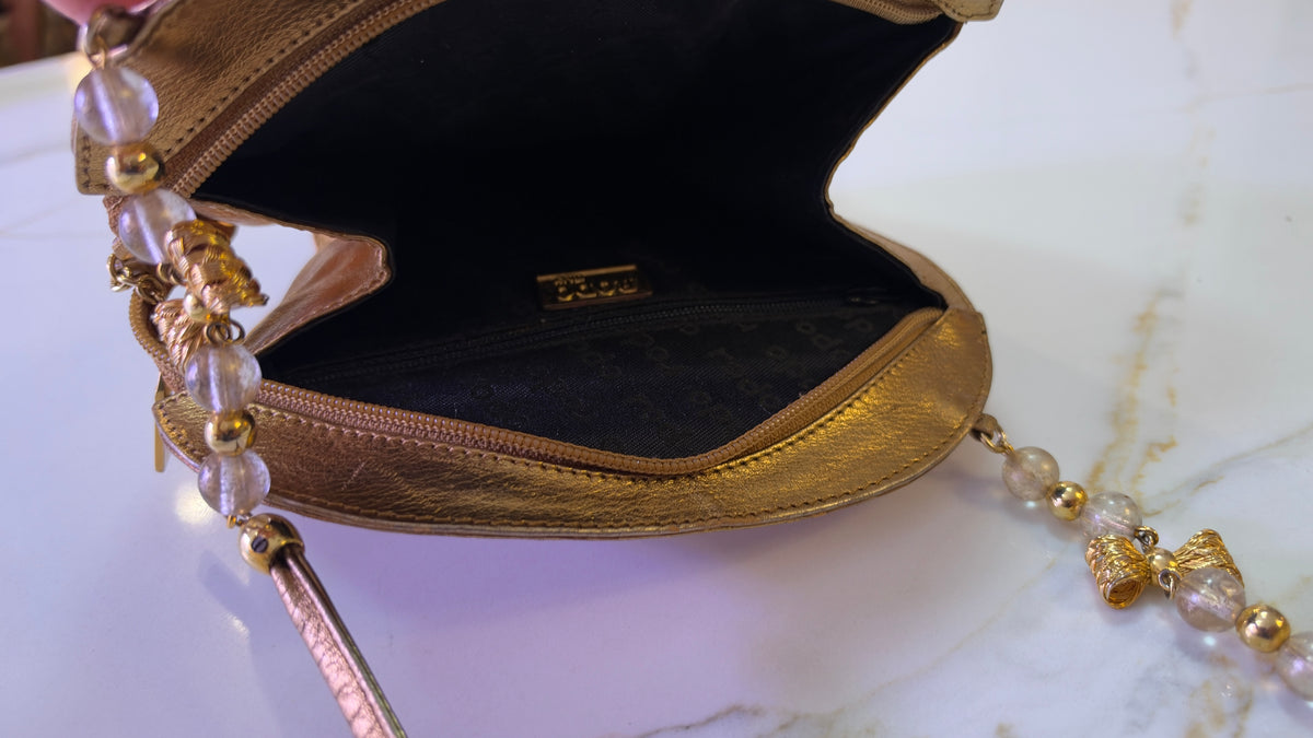 Vintage 1980’s RODO Italy Metallic Gold Ruched Leather Shell Crossbody Evening Bag | Beaded Shoulder Strap