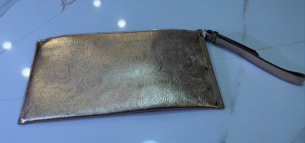 Vintage Metallic Rose Gold Embossed Floral Wristlet Clutch – Elegant Evening Purse