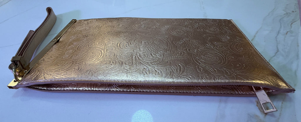 Vintage Metallic Rose Gold Embossed Floral Wristlet Clutch – Elegant Evening Purse