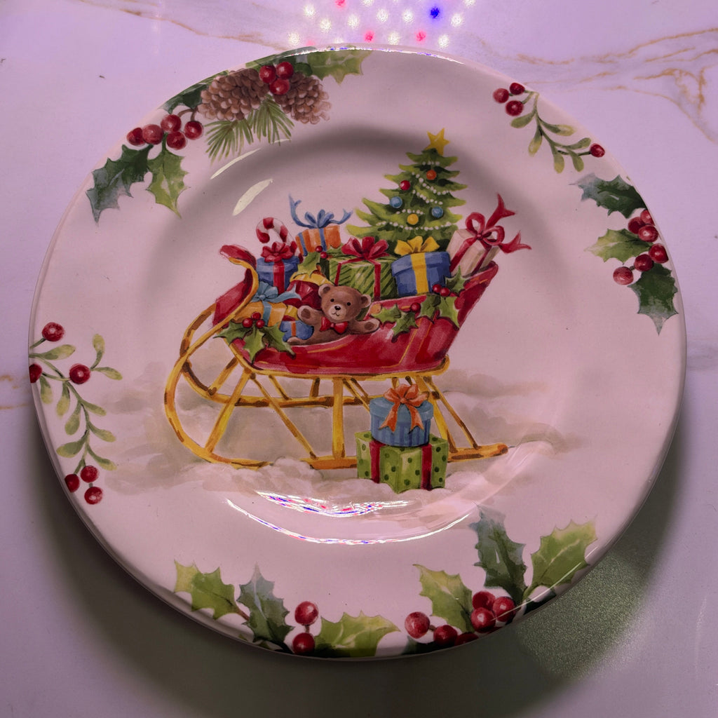 Vintage Pier 1 Winter Wonders Christmas Sleigh Ironstone Plate & Glass Cloche Dome Set