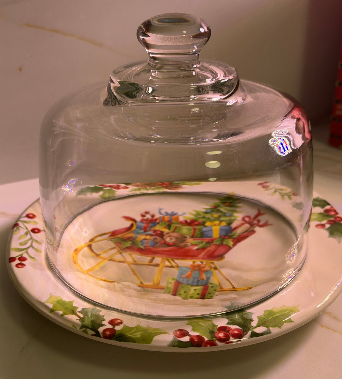 Vintage Pier 1 Winter Wonders Christmas Sleigh Ironstone Plate & Glass Cloche Dome Set