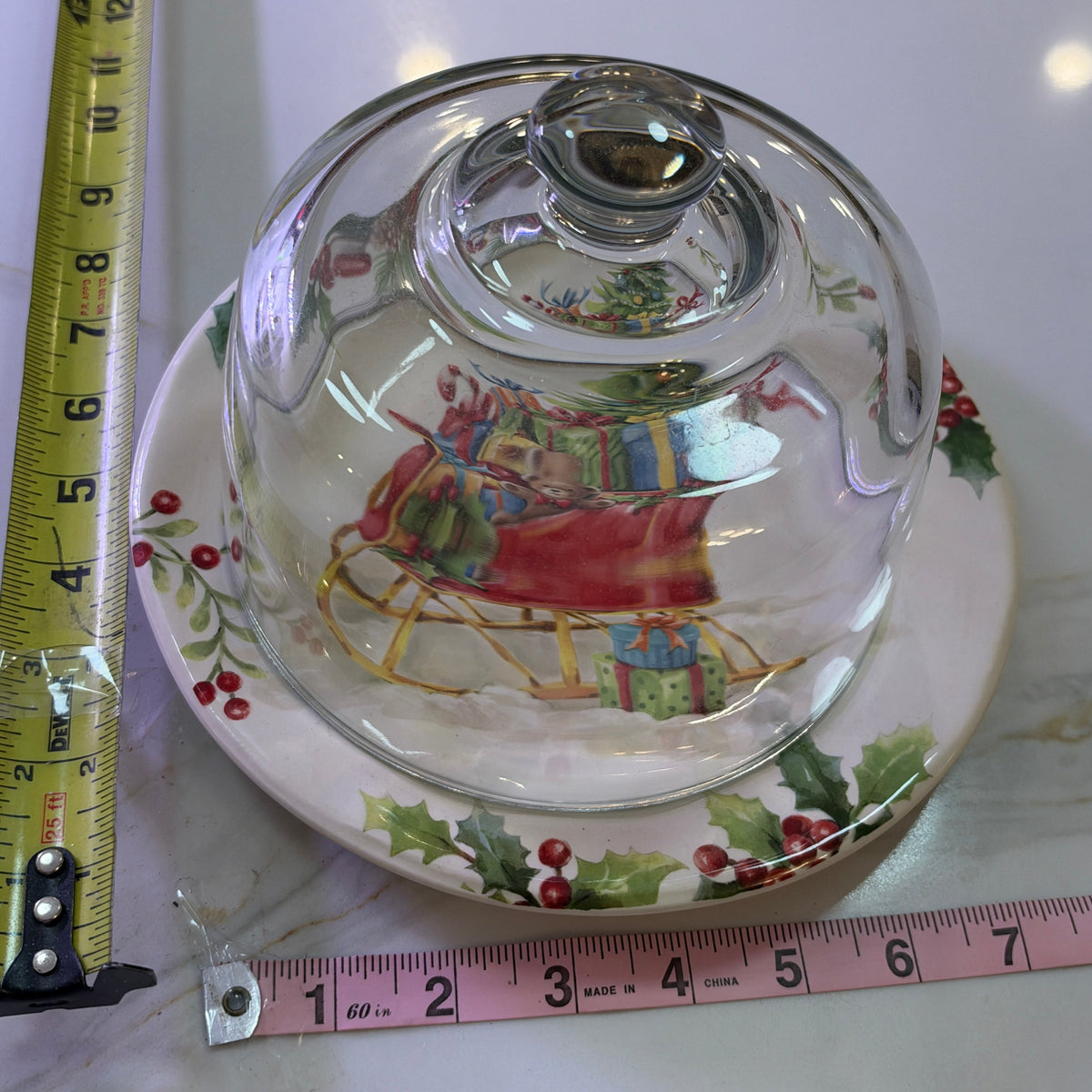 Vintage Pier 1 Winter Wonders Christmas Sleigh Ironstone Plate & Glass Cloche Dome Set