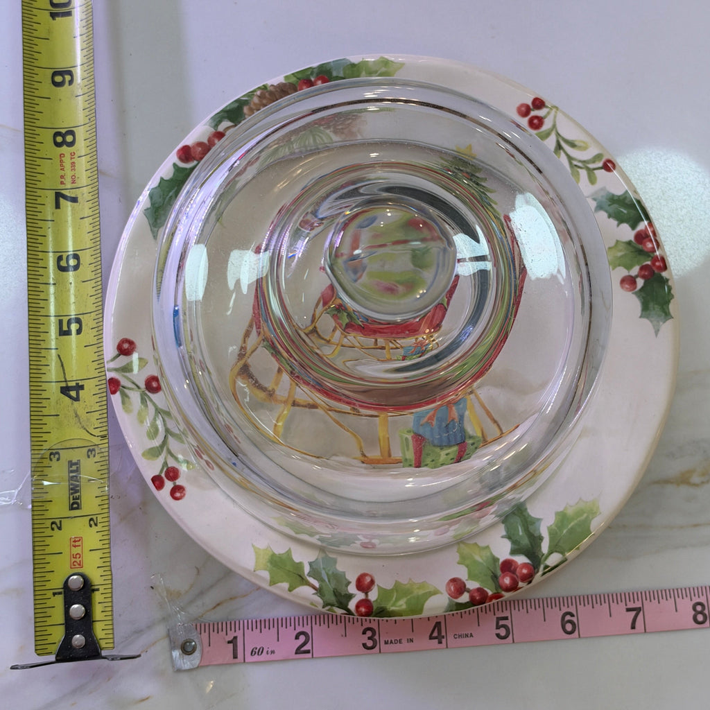 Vintage Pier 1 Winter Wonders Christmas Sleigh Ironstone Plate & Glass Cloche Dome Set