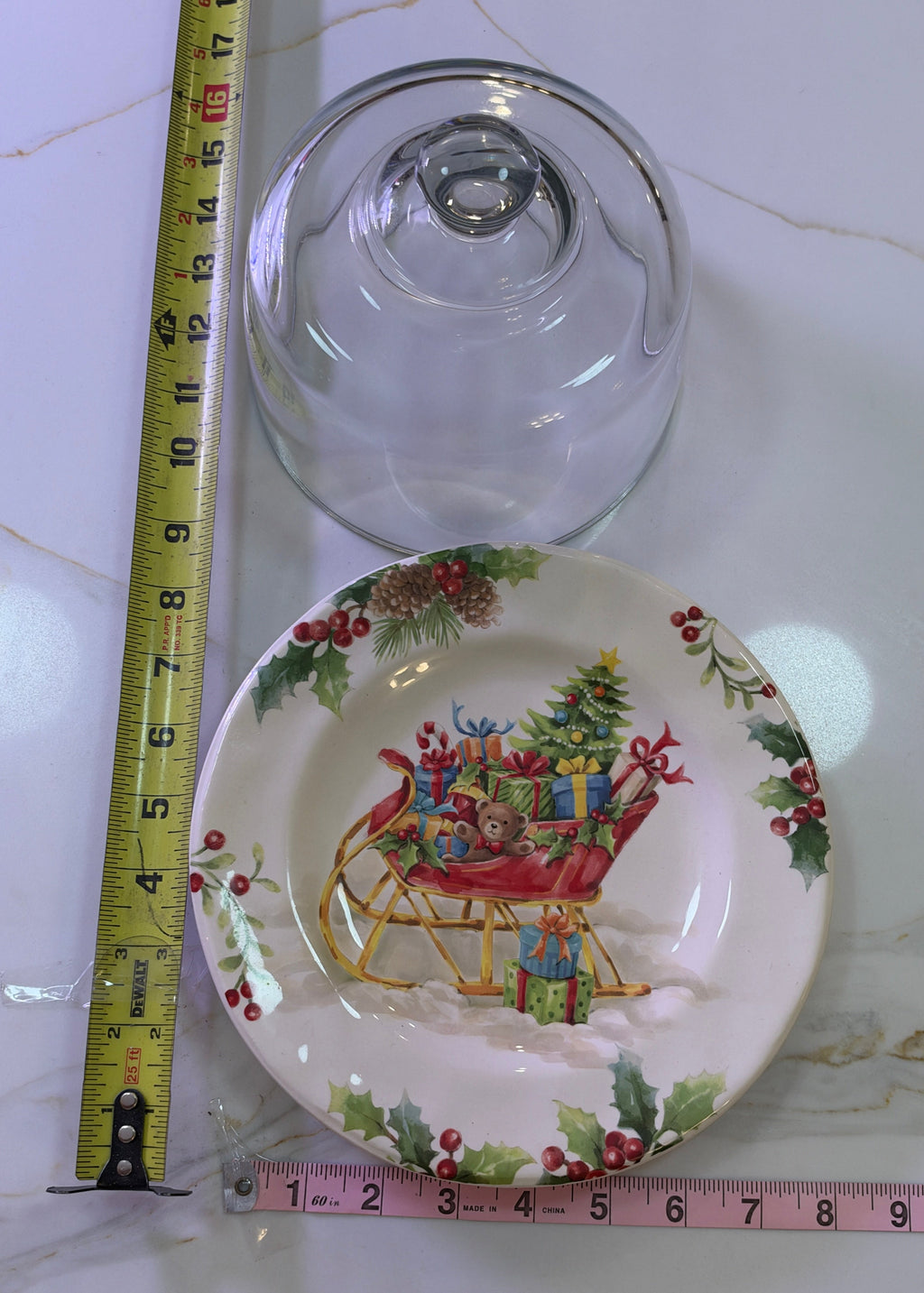 Vintage Pier 1 Winter Wonders Christmas Sleigh Ironstone Plate & Glass Cloche Dome Set
