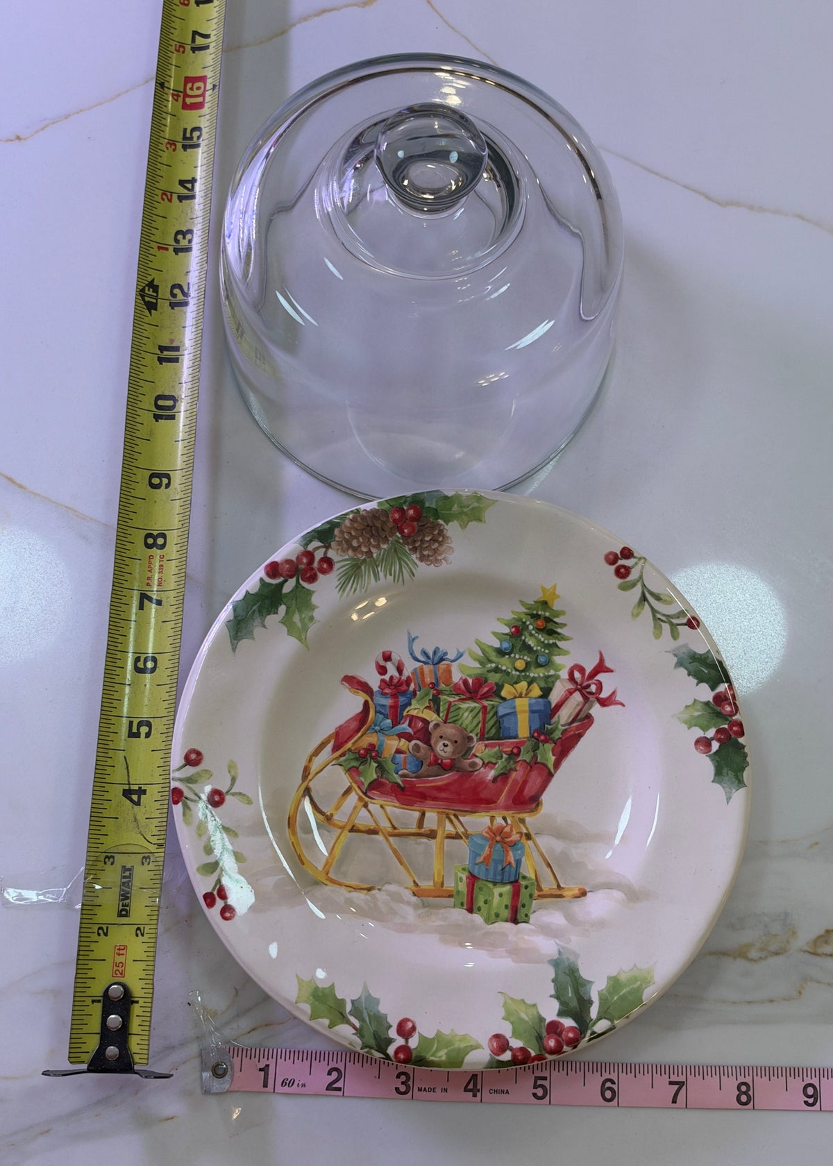 Vintage Pier 1 Winter Wonders Christmas Sleigh Ironstone Plate & Glass Cloche Dome Set